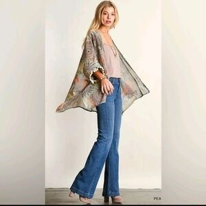 Umgee Kimono Tribal Print Pom Pom Trim Sheer Lightweight Size S/M